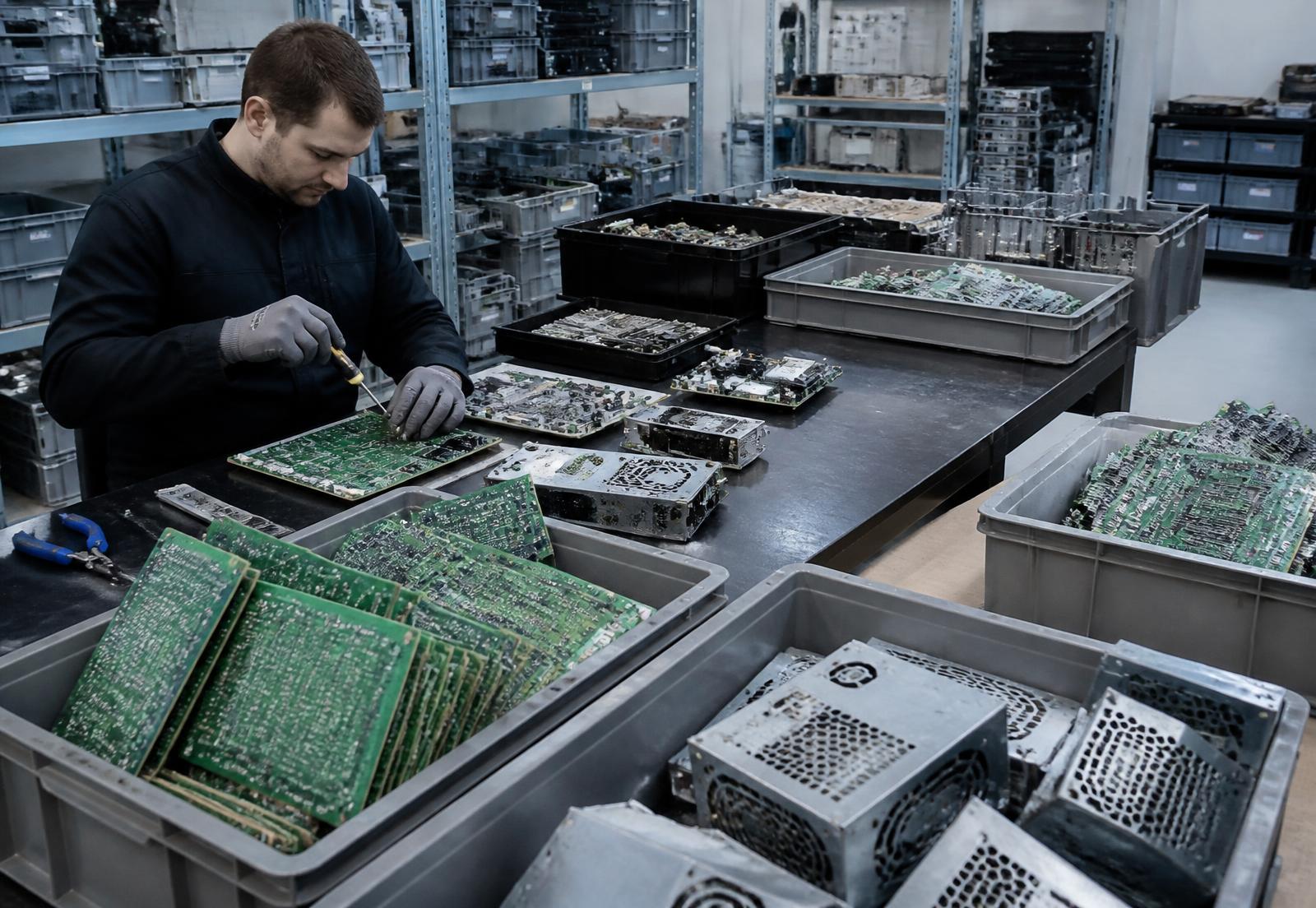 Technician dismantling professional electronic boards at an industrial workstation